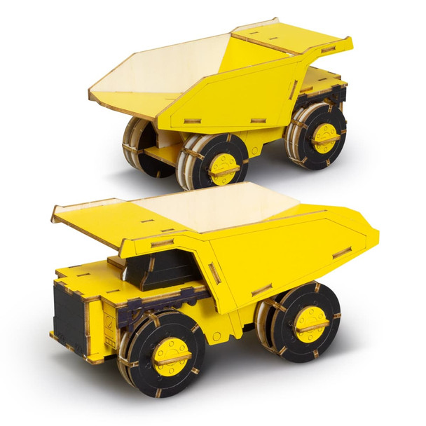 A yellow wooden model of a mining truck with detailed wheels and open top, featuring an engraved logo.