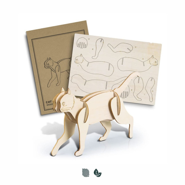 A wooden cat model in a natural finish, accompanied by instructional sheets with design outlines.