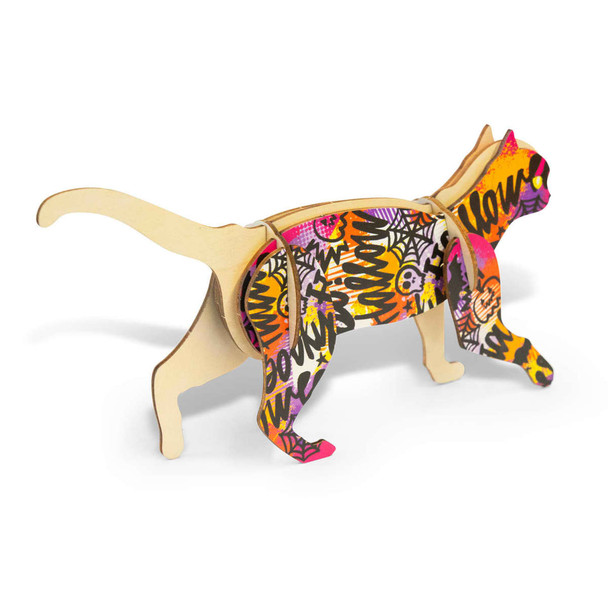 A wooden cat model featuring vibrant pink, orange, and black patterns. Includes a logo on the base.