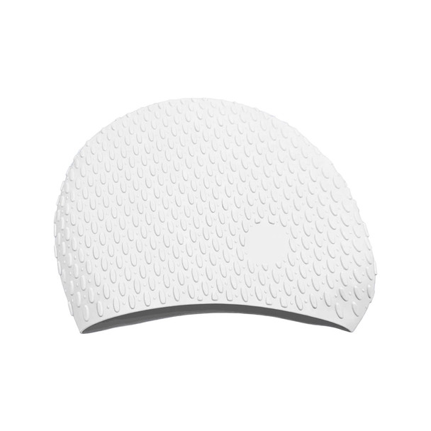 A premium silicone swimming cap in white, featuring a textured surface with water droplet patterns. It has a logo.