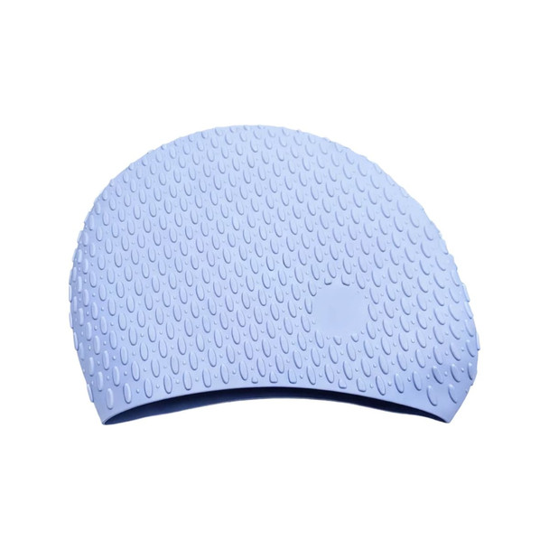 A premium silicone swimming cap in light blue, featuring a textured surface with water droplet patterns.