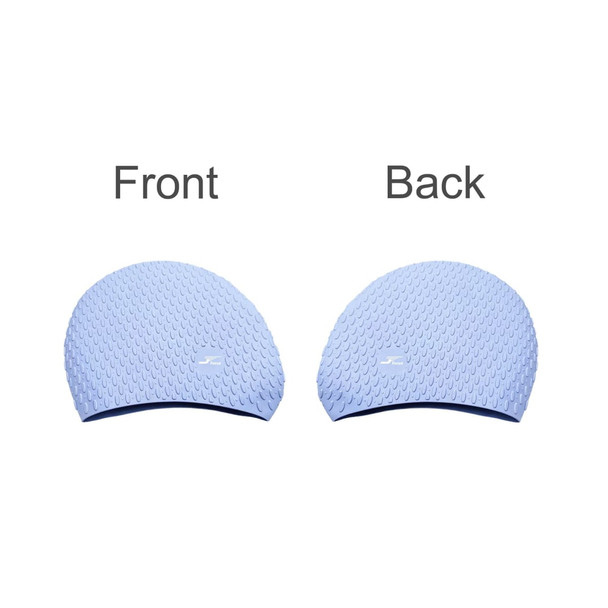 A premium silicone swimming cap in light blue, featuring a textured surface and a logo, displayed from front and back.
