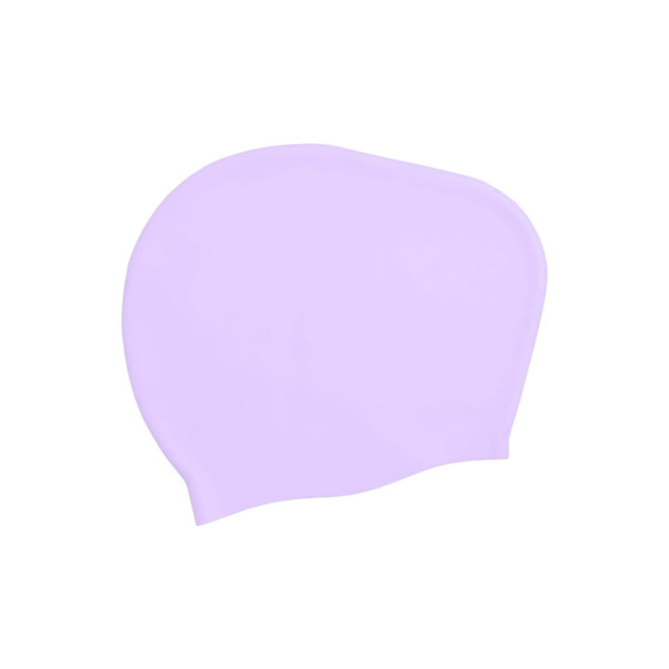 A silicone swim cap in purple, designed for women with long hair, featuring a smooth surface and rounded shape.