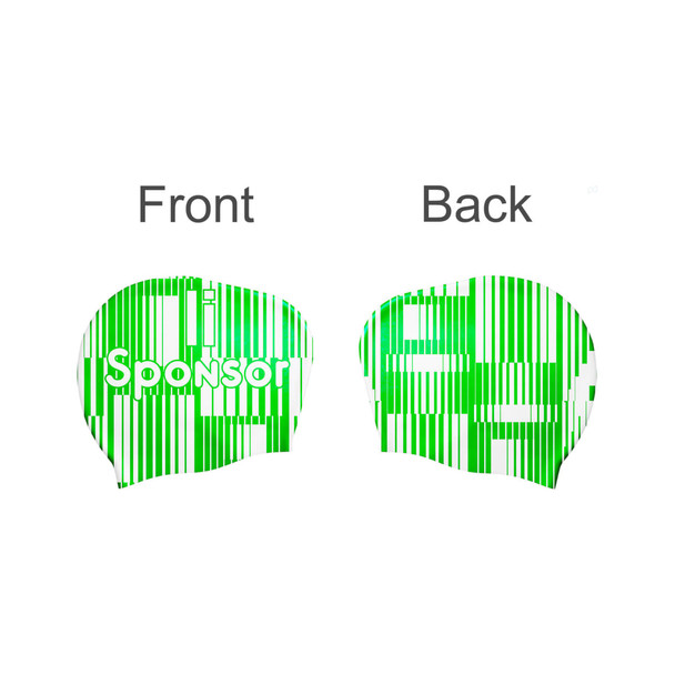 A silicone swim cap designed for women with long hair, featuring a green and white striped pattern and a logo.