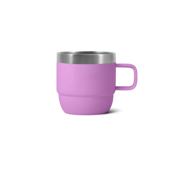 A stackable stainless steel mug in a vibrant purple colour with a brushed stainless steel rim and handle.