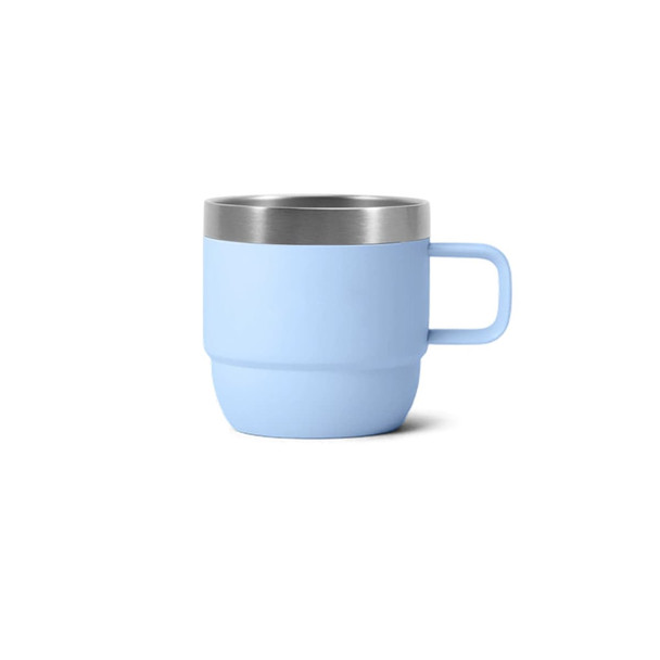 A stackable stainless steel mug in light blue with a stainless steel rim and a handle. It features a simple design.