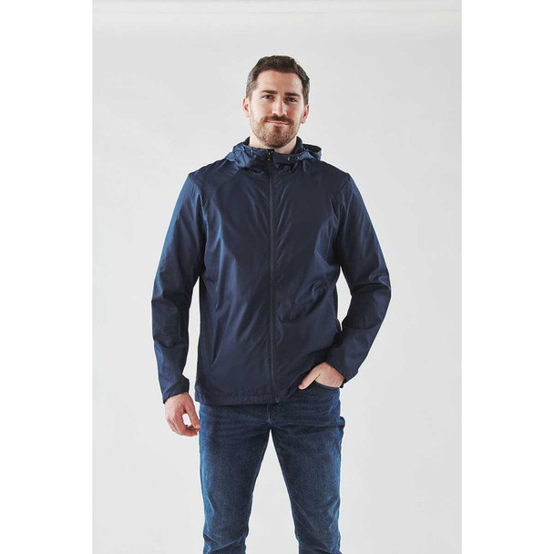 A men's navy wind jacket featuring a hood, designed for rain protection, with a logo on the front.