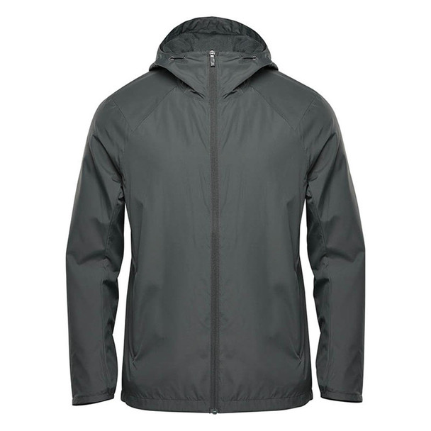 A men's wind jacket in dark green, featuring a hood and a front zip, with a logo on the chest.