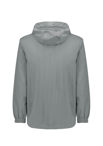 A light grey unisex packable rain jacket with a hood and elastic cuffs, featuring a logo on the back.