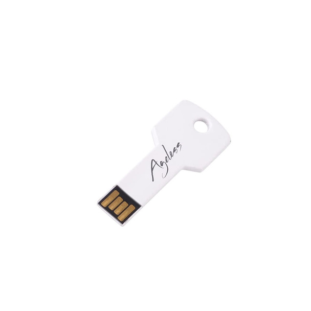 A white key-shaped flash drive with a gold USB connector, featuring a logo on its surface.