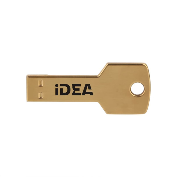 A gold square key flash drive with a key shape, featuring a logo on one side.