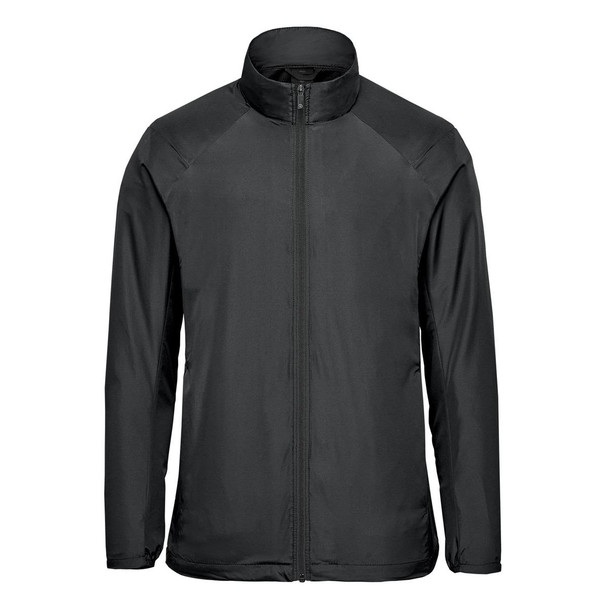 A black men's full zip jacket with a high collar and a sleek design. It features branding on the material.