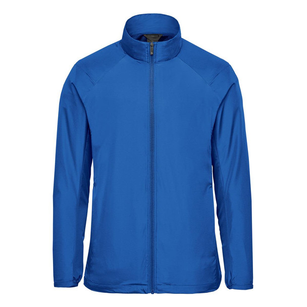 A blue full zip jacket with a stand-up collar and raglan sleeves. Features a logo on the chest.