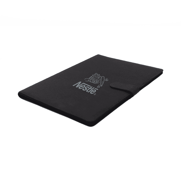 A black portfolio featuring a logo, designed to hold documents and presentations.