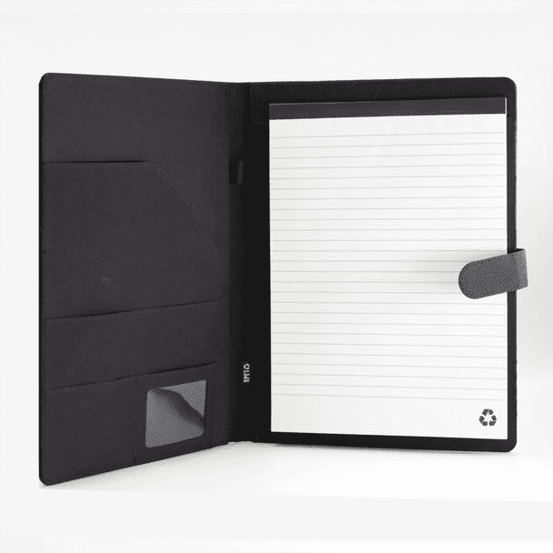 A black RPET portfolio featuring a notepad, card slots, and a recycled symbol on the bottom corner.