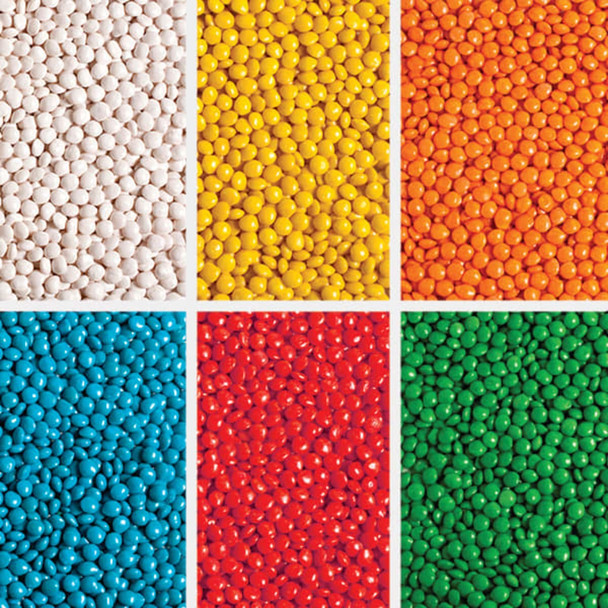 A collection of brightly coloured chewy fruit candies in six sections: white, yellow, orange, red, blue, and green.