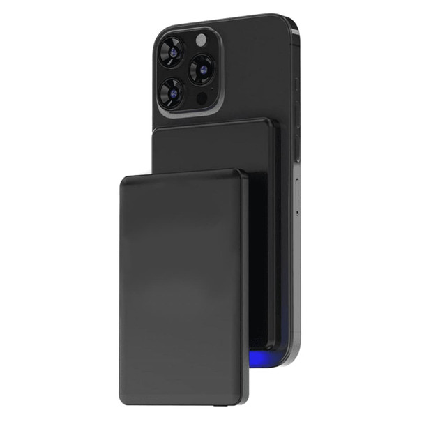 A slim black metal power bank with 5000 mAh capacity attached magnetically to a smartphone, featuring a logo.