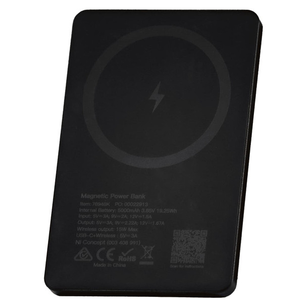A slim black metal power bank with a magnetic feature and a lightning bolt symbol on the surface.