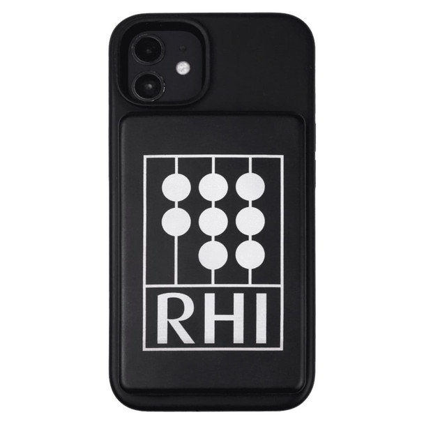 A black power bank with a magnetic back and a logo on the surface, featuring a sleek design.