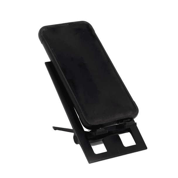 A foldable phone stand in black, featuring adjustable angles and a sleek design for device support.