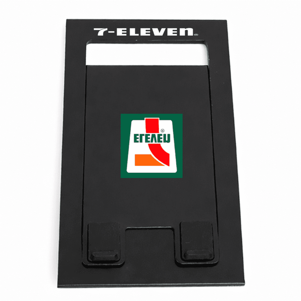 A black foldable phone stand featuring a logo on the front. The design is sleek and minimalist.