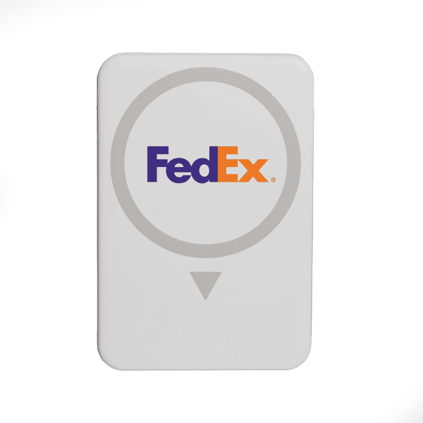 A wireless charging power bank in white with a circular design and a logo.