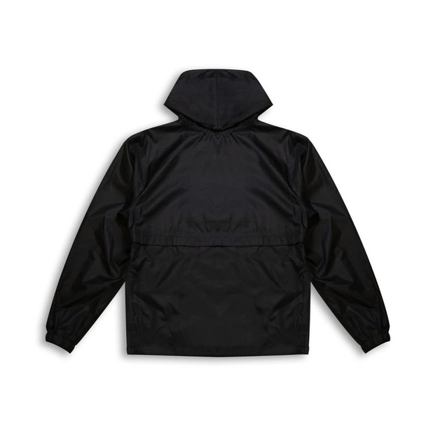 A black windbreaker jacket featuring a hood and elastic cuffs, with a logo on the back.
