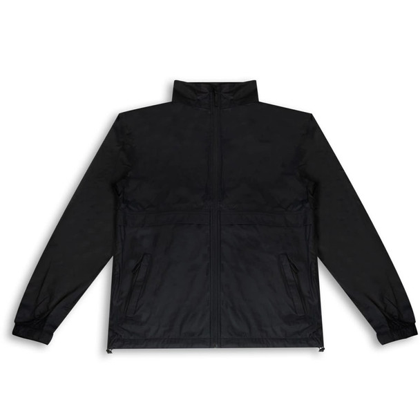A black unisex windbreaker jacket featuring a zip front and two side pockets. It has a branding logo.