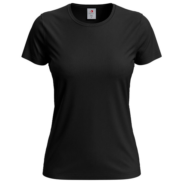 A black Women's Classic T-shirt featuring short sleeves and a round neckline, with a logo on the label.