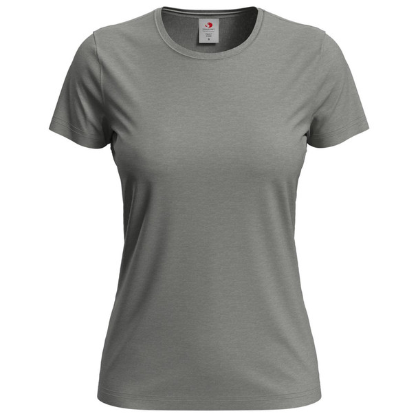 A women's classic T-shirt in a muted green colour, featuring a round neckline and short sleeves. It has a small logo.