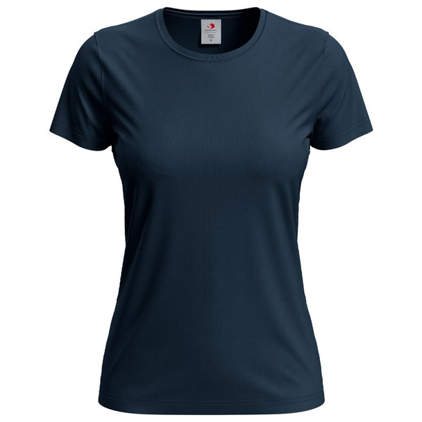 A women's classic T-shirt in dark navy blue, featuring a round neckline and short sleeves with a logo.