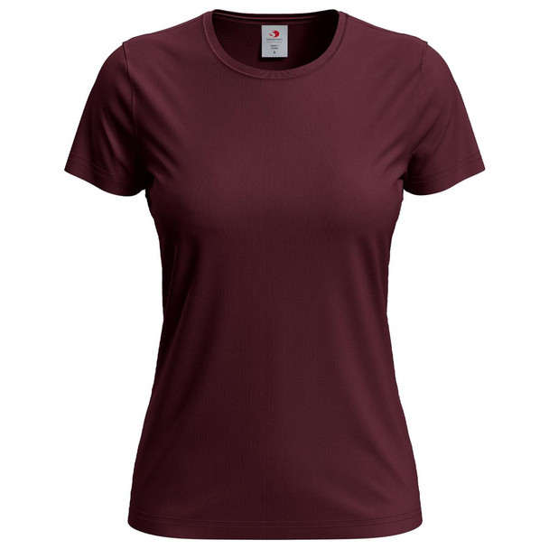 A maroon women's classic T-shirt with short sleeves and a round neckline, featuring a logo on the label.