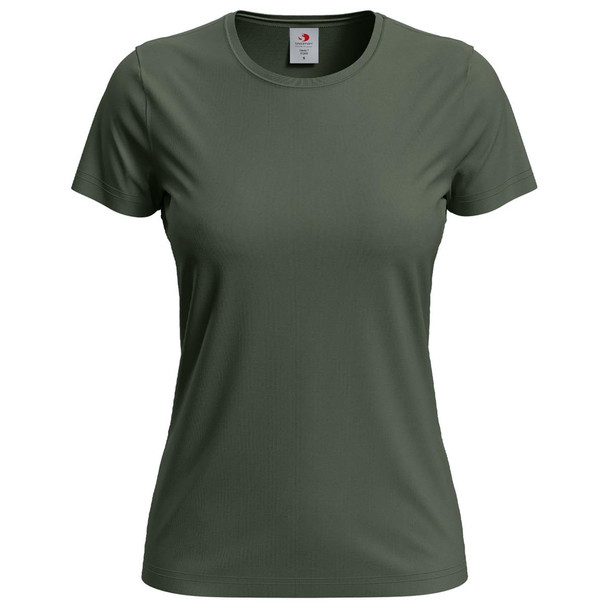 A green women's classic T-shirt with a round neckline and short sleeves, featuring a logo on the label.