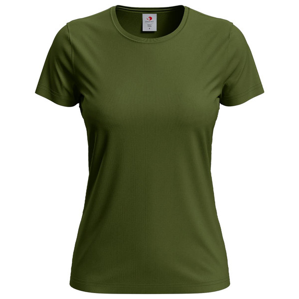 A women's classic T-shirt in olive green, featuring a round neckline and short sleeves. It has a logo on the label.
