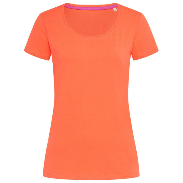 A women's crew neck t-shirt in vibrant orange with short sleeves and a scoop neckline, featuring a logo.