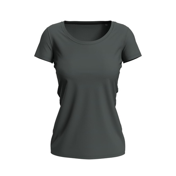 A dark green women's crew neck t-shirt with short sleeves and a fitted design. It features a logo on the garment.