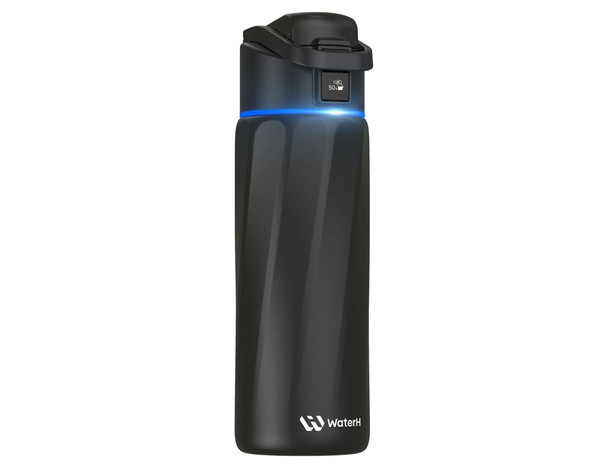 A drink bottle in matte black with a sleek design and a logo, featuring an LED indicator on the lid.