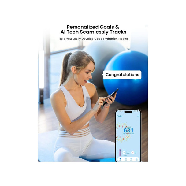 A drink bottle in a sleek design, featuring a logo. The bottle is primarily clear with a vibrant accent colour.