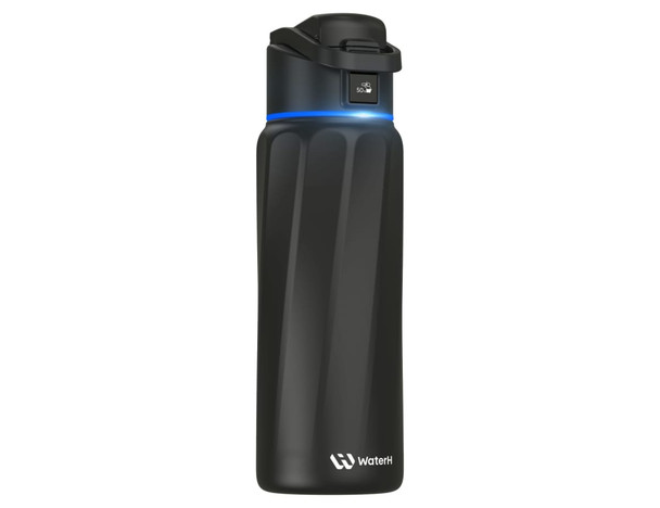 A drink bottle in black with a sleek design and a light band near the top; features a logo.