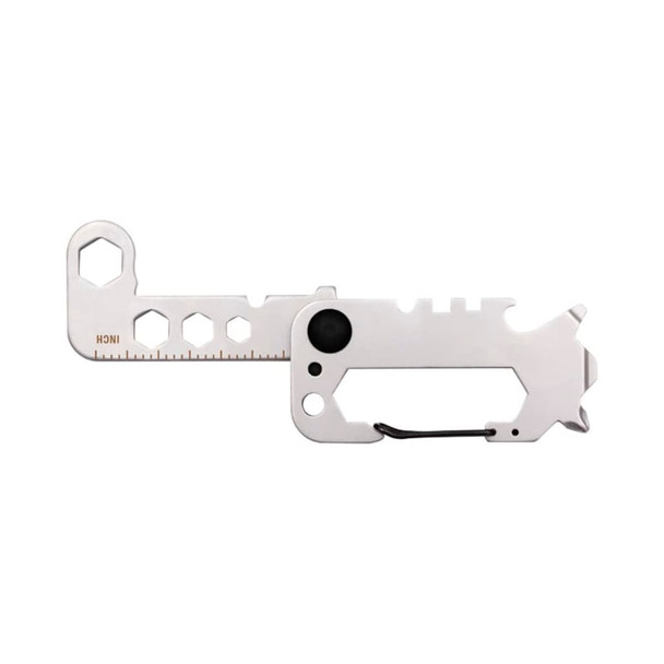 A silver multi-tool featuring various functions, including a ruler, wrench, and flathead screwdriver, with a keyring attachment.