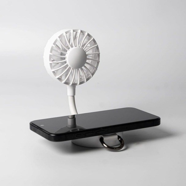 A white rechargeable fan with a flexible neck attached to a black smartphone stand. The fan features a circular design and a logo.