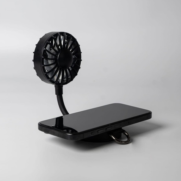 A black rechargeable fan with a flexible neck, positioned next to a mobile phone on a flat surface. It features a branding logo.