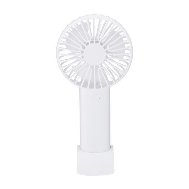 A portable white fan with a circular design and a small base for stability. It features a logo on the handle.