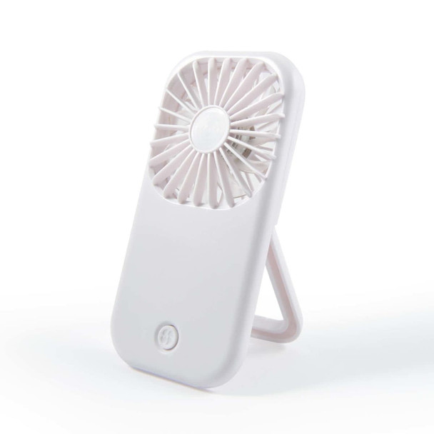A portable white fan with a circular grille and a built-in stand.