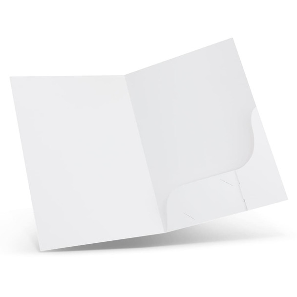 A white A4 presentation folder featuring a curved pocket design and a branding logo.