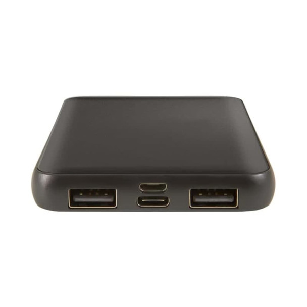 A black power bank with dual USB ports and one Type-C port. It features a smooth surface and a minimalist design.