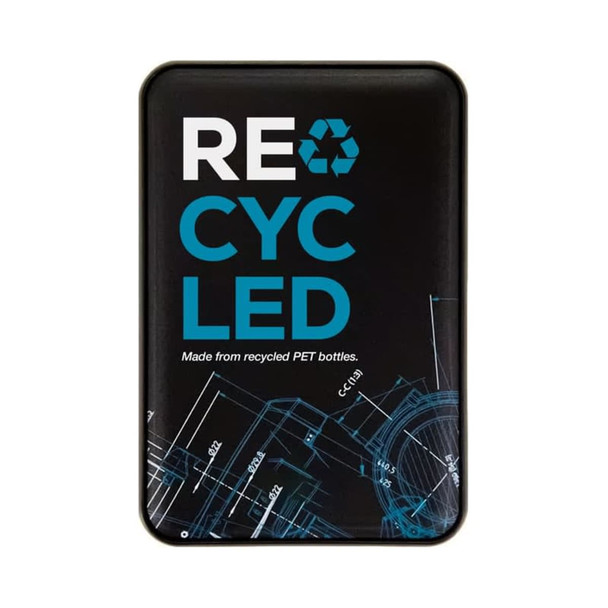 A rectangular power bank with a black surface featuring a blue recycled logo and blueprint designs, made from recycled PET.