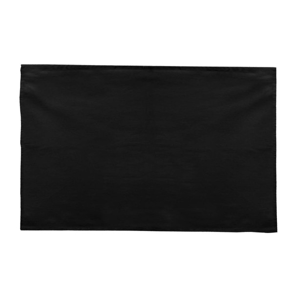A black cotton tea towel with a simple design and finished edges, featuring a logo in one corner.