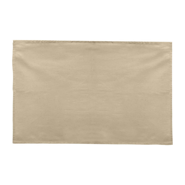 A beige cotton tea towel with a plain surface, featuring a logo in one corner.
