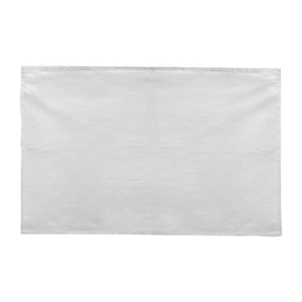 A cotton tea towel in white, featuring a simple design with a neat edge. It also includes a logo.
